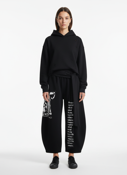 Dark Street Character Print Waist Strap Detail Barrel Pants