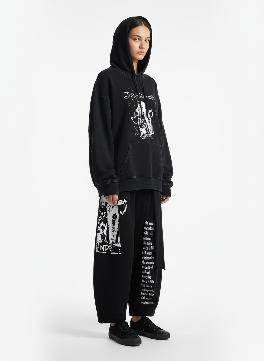 Dark Street Character Print Waist Strap Detail Barrel Pants