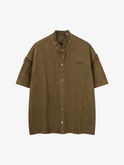Rivet Deconstructed Split Stitching Denim Short-sleeved Shirt