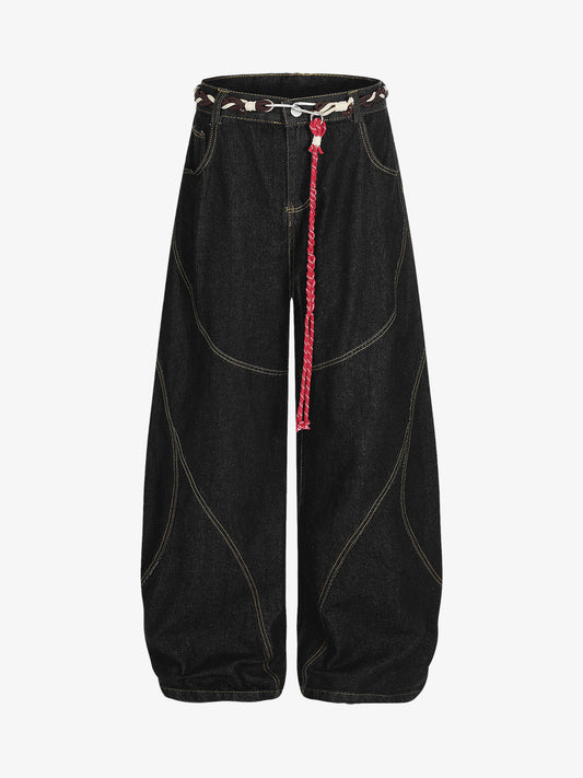 Wide-Leg Denim Trousers with Unique Braided Belt Detail