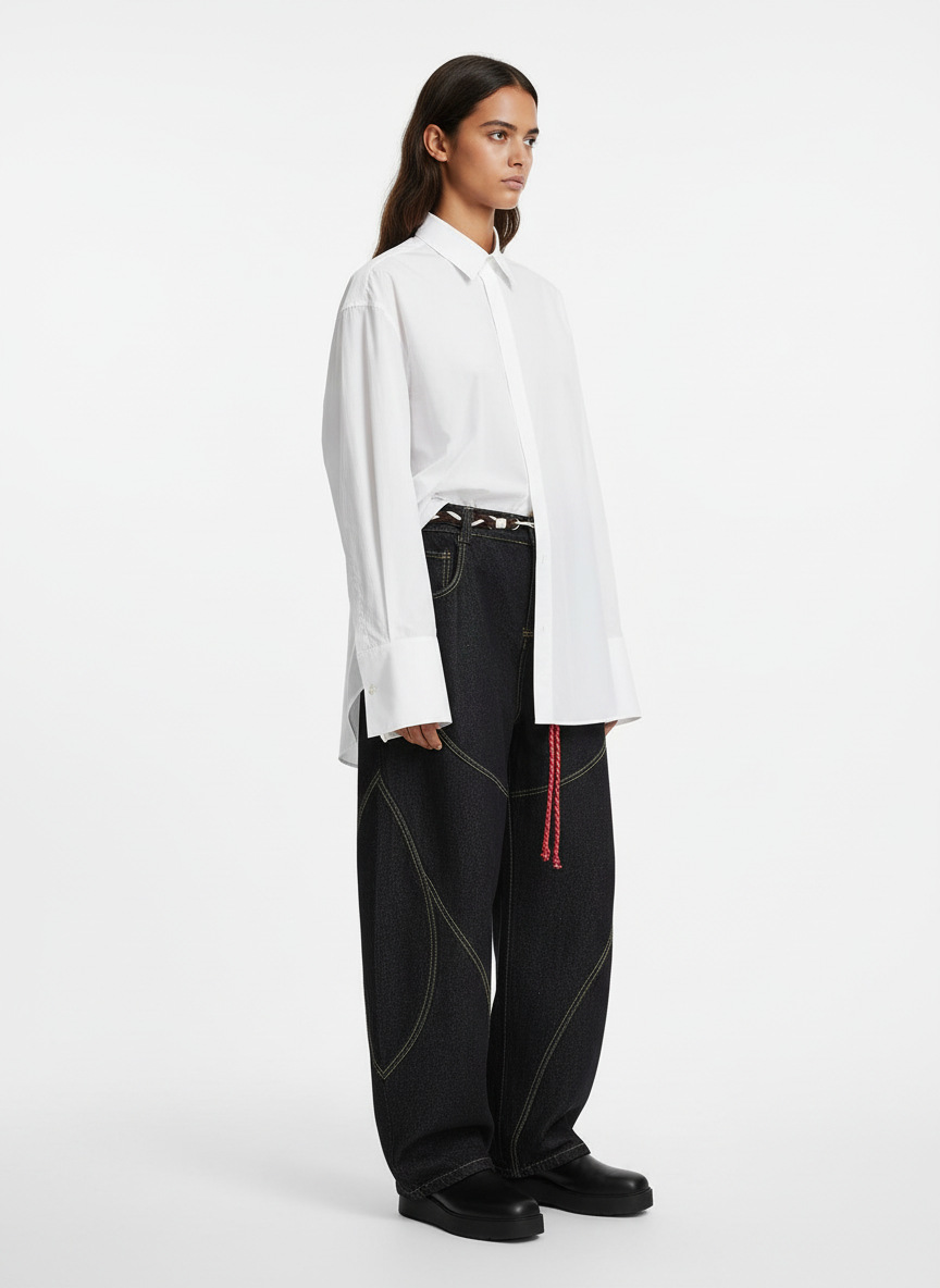 Denim Retro Belt Detail With Patchwork Barrel Jeans - 2490