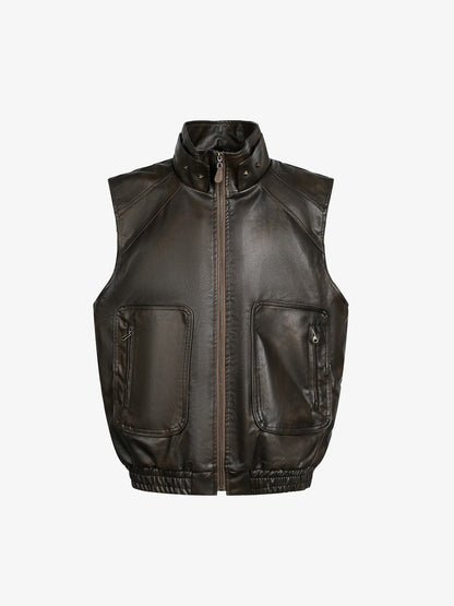 Thesupermade American Retro PU Leather Stand Collar Workwear Motorcycle Vest