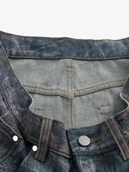 Washed Ripple 3D Print Loose Wide-Leg Jeans