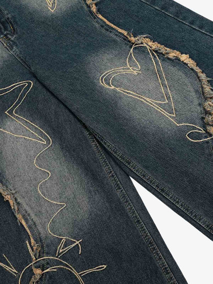 Distressed Denim Jeans with Embroidered Celestial Motifs for Women