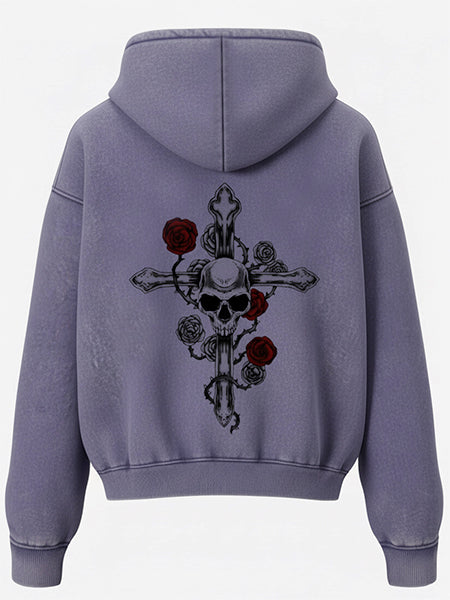 Thesupermade Washed Batik Double Zipper Cardigan Hooded Sweatshirt Rose Wrapped Skull Cross