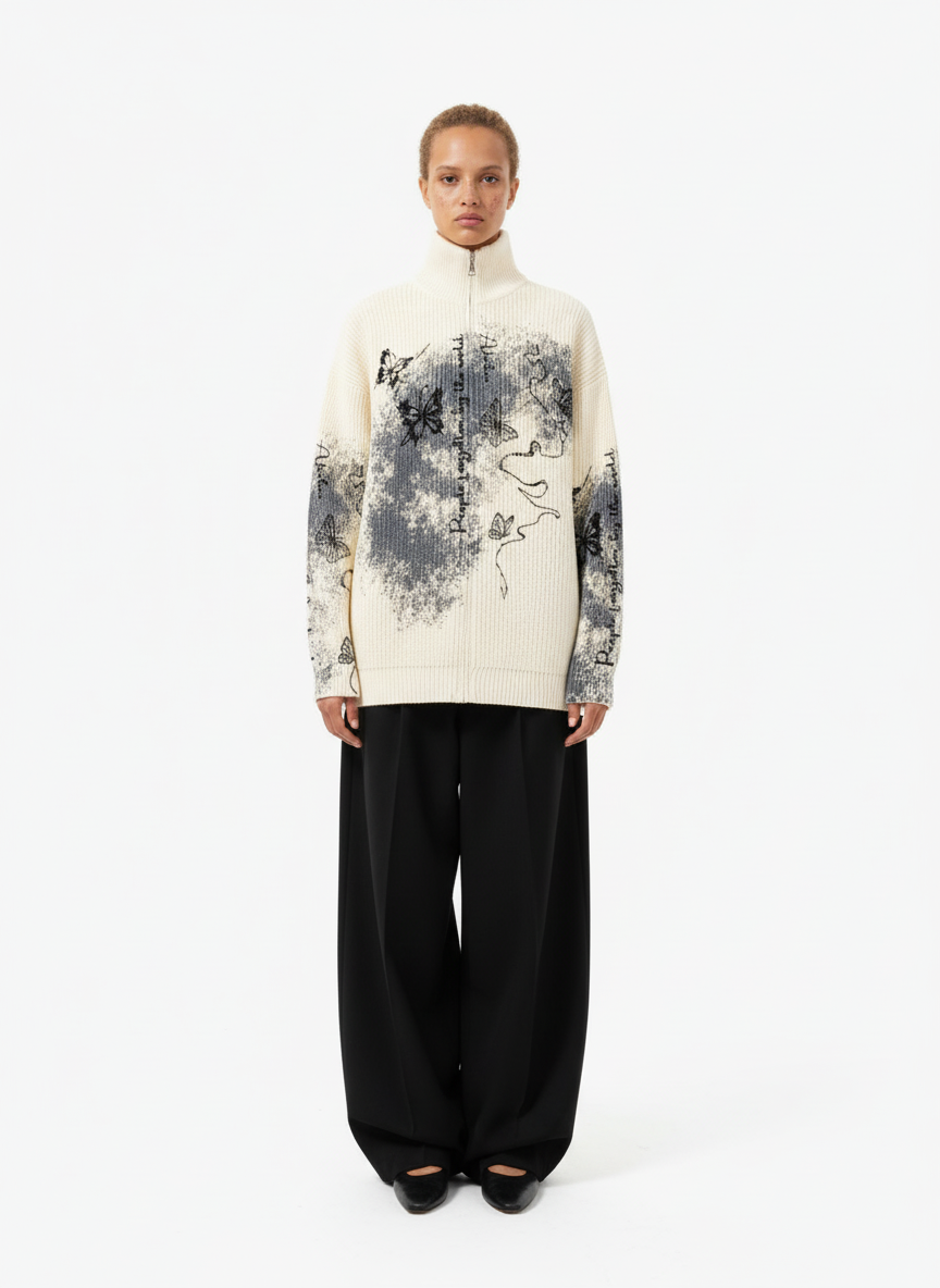 Ink-Splashed Butterfly Jacquard Zip Knit Sweater