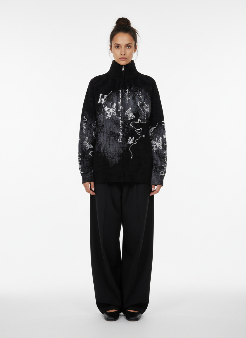 Ink-Splashed Butterfly Jacquard Zip Knit Sweater