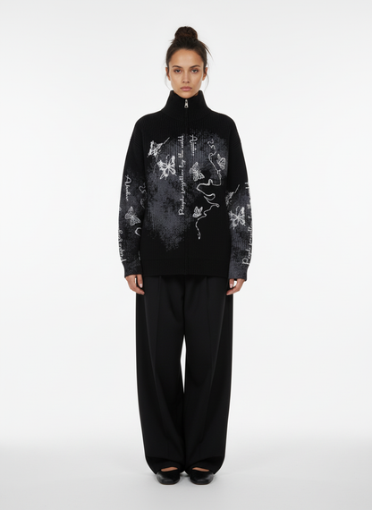 Ink-Splashed Butterfly Jacquard Zip Knit Sweater