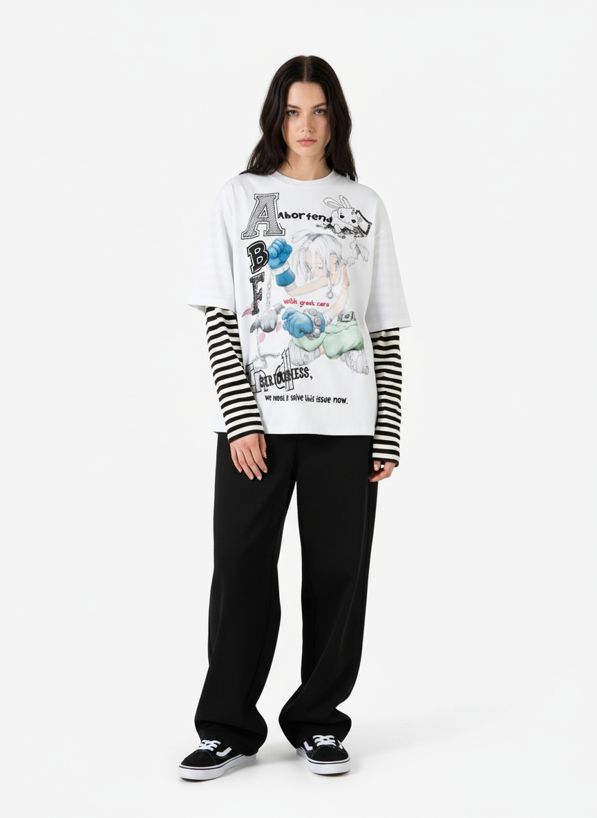 Cartoon Print Striped Sleeve Faux Two-Piece Long-Sleeve T-Shirt
