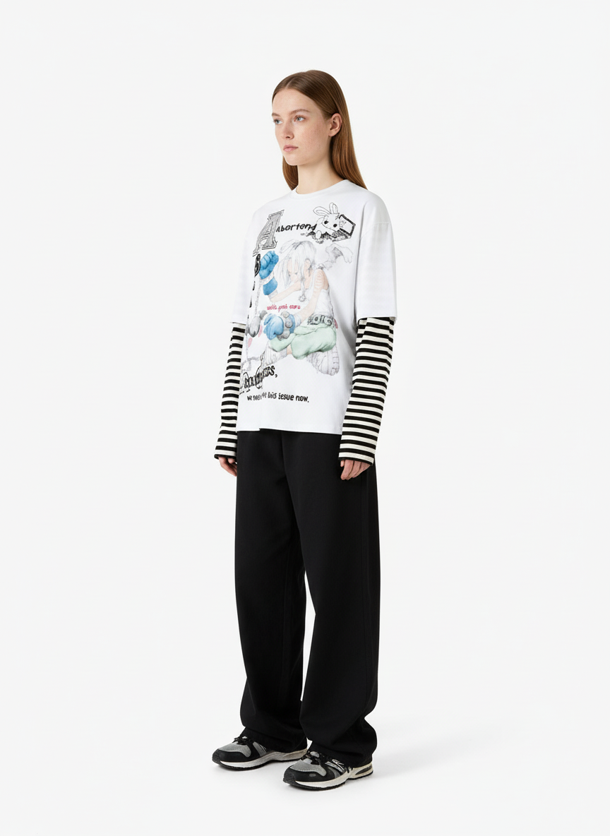 Cartoon Print Striped Sleeve Faux Two-Piece Long-Sleeve T-Shirt