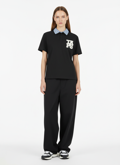 Retro Pearl Letter Plaid Collar Polo Shirt