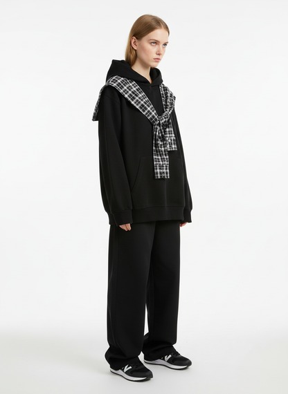 Fake Two-Piece Plaid Shirt Scarf Design Hoodie