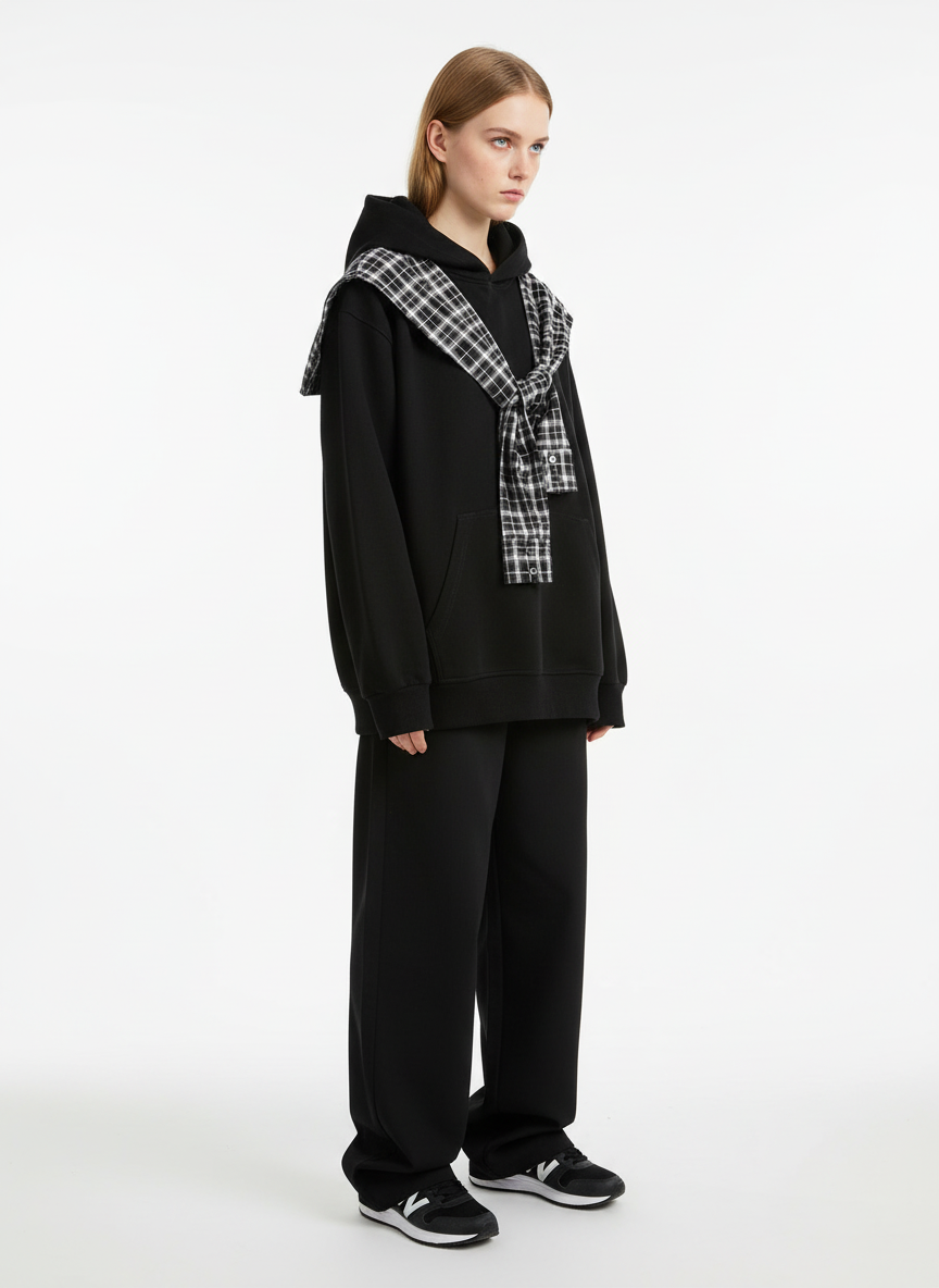 Fake Two-Piece Plaid Shirt Scarf Design Hoodie