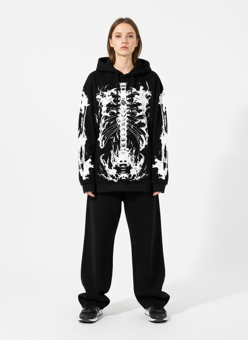 Street Washed Distressed Dark Skeletons Print Hoodie