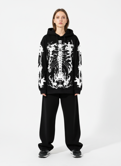 Street Washed Distressed Dark Skeletons Print Hoodie