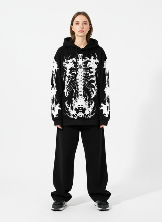 Street Washed Distressed Dark Skeletons Print Hoodie
