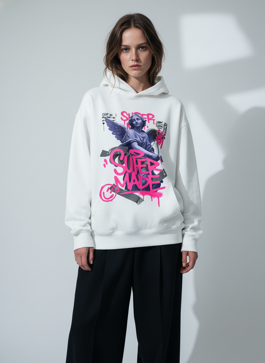Pink Letter Graffiti Angel Print Hooded Sweatshirt
