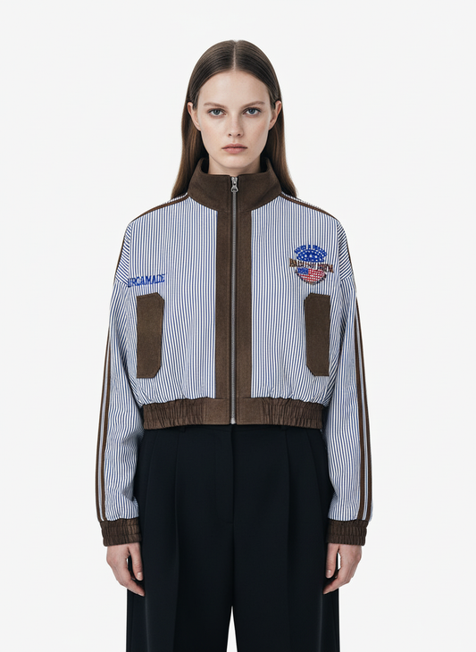 Retro Badge Embroidery Contrast Cropped Jacket