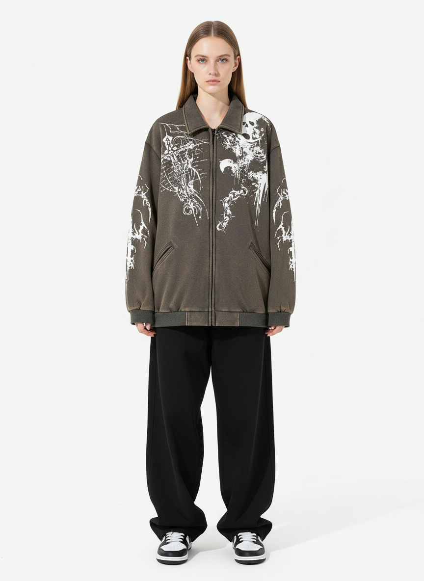 Retro Dark Skull Cross Print Lapel Zipper Jacket