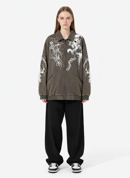 Retro Dark Skull Cross Print Lapel Zipper Jacket