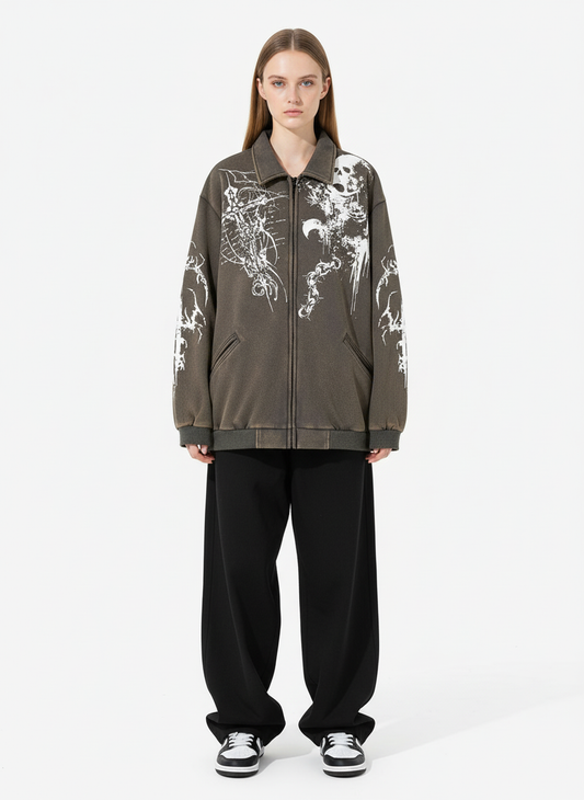 Retro Dark Skull Cross Print Lapel Zipper Jacket