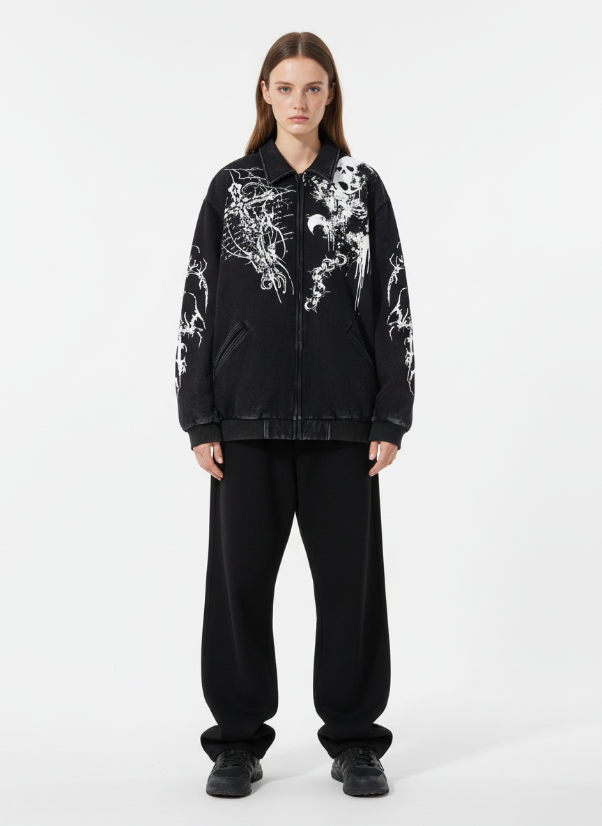 Retro Dark Skull Cross Print Lapel Zipper Jacket