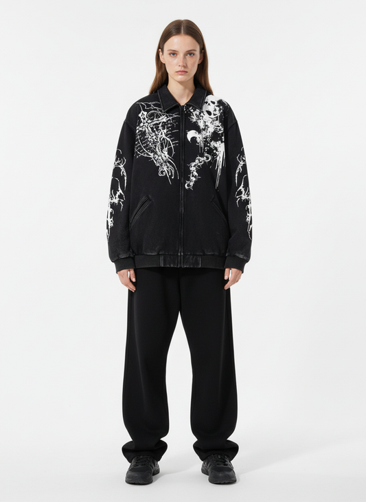 Retro Dark Skull Cross Print Lapel Zipper Jacket