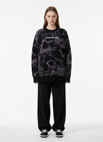 Dark Street Skull Frayed Hem Sweater