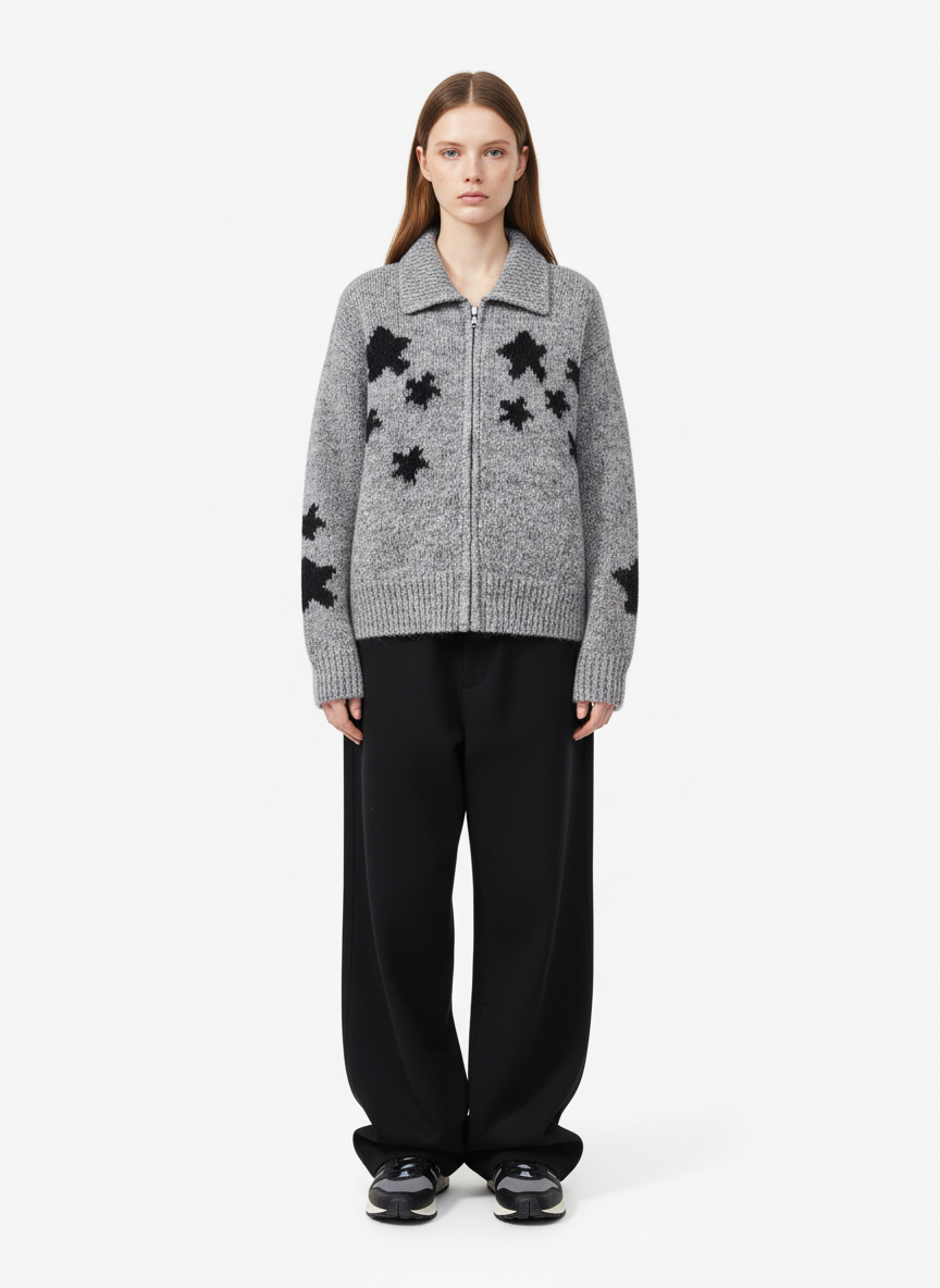 Casual Star Jacquard Double-Zip Cardigan Sweater