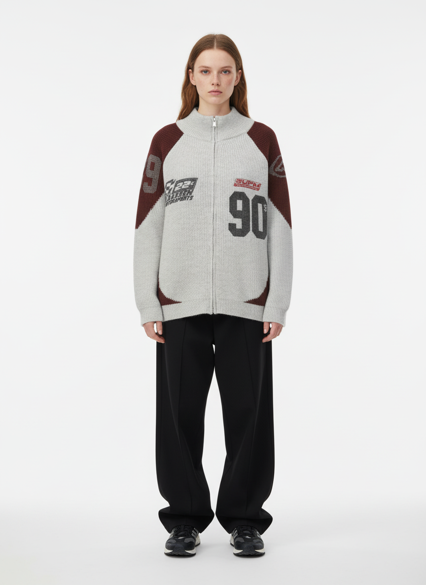 High Street Biker Style Patchwork Zip-up Knitted Jacket