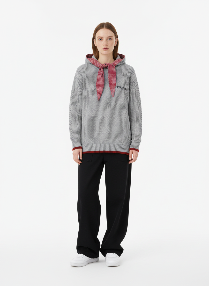 Retro Plaid Tie Hooded Knit Sweater