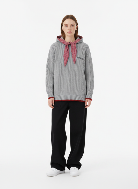 Retro Plaid Tie Hooded Knit Sweater