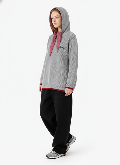 Retro Plaid Tie Hooded Knit Sweater