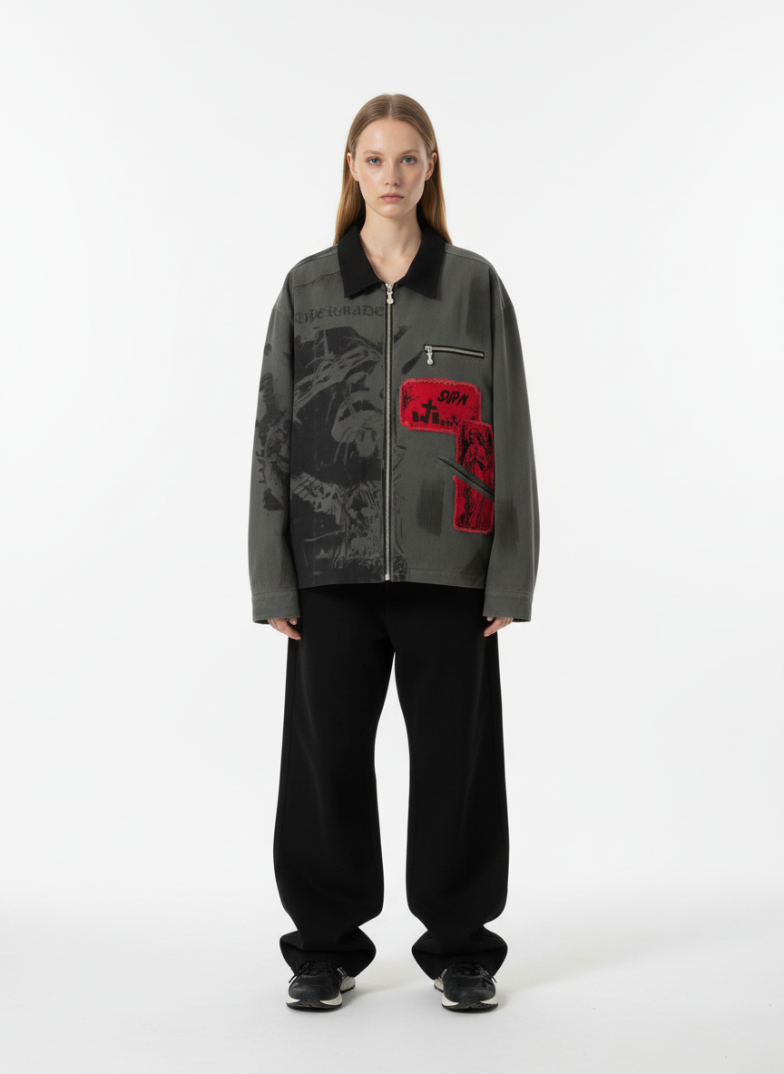 Retro Patchwork And Graphic Print Gothic Zipper Jacket