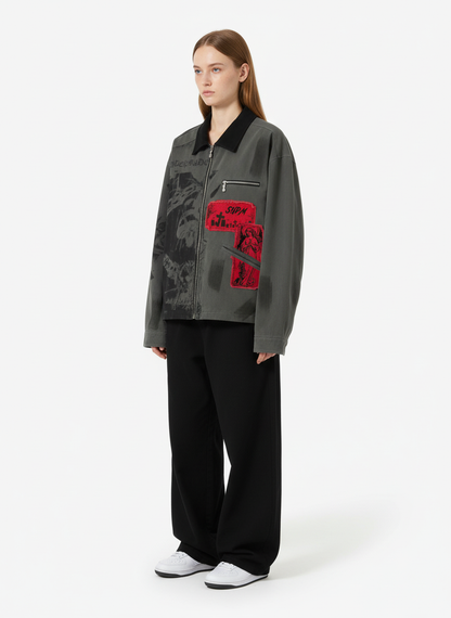 Retro Patchwork And Graphic Print Gothic Zipper Jacket