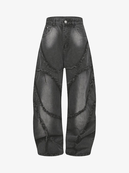 Washed Distressed Raw Edge Barrel Jeans - 2402