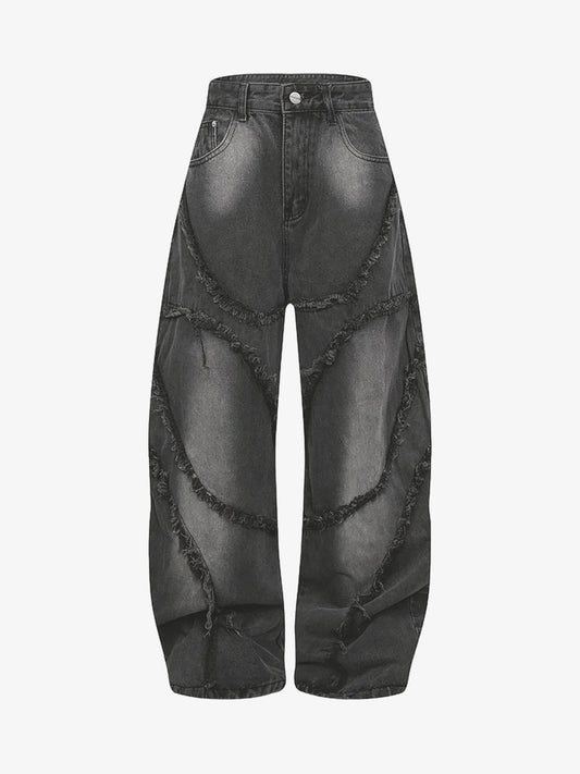 Washed Distressed Raw Edge Barrel Jeans - 2402