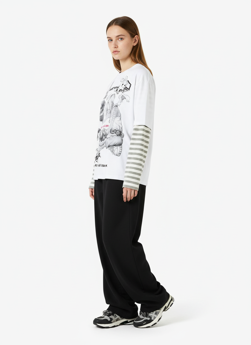 Cartoon Print Striped Sleeve Faux Two-Piece Long-Sleeve T-Shirt