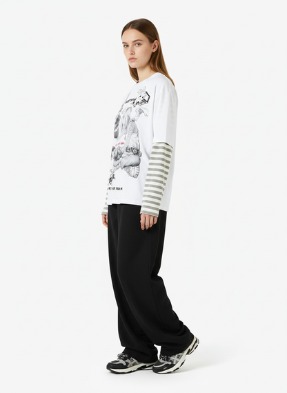 Cartoon Print Striped Sleeve Faux Two-Piece Long-Sleeve T-Shirt