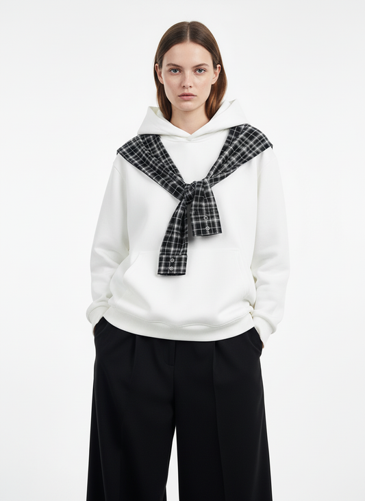 Fake Two-Piece Plaid Shirt Scarf Design Hoodie