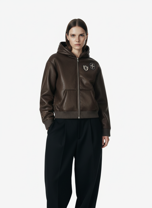 Vintage Leather Badge Fleece-lined Hooded Zip Bomber Jacket