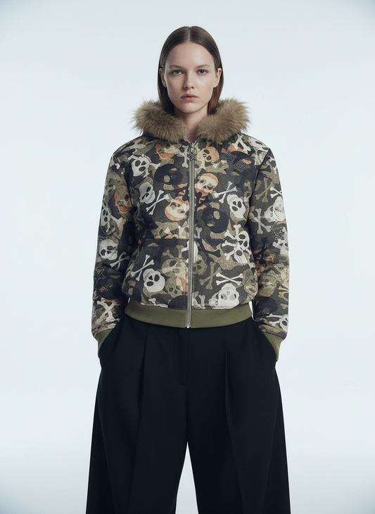 Skull Camouflage Fur Collar Hot Diamond Hooded Jacket - 2507