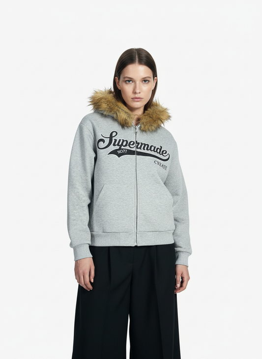Supermade Vintage Detachable Fur Collar Graphic Zip-Up Hoodie