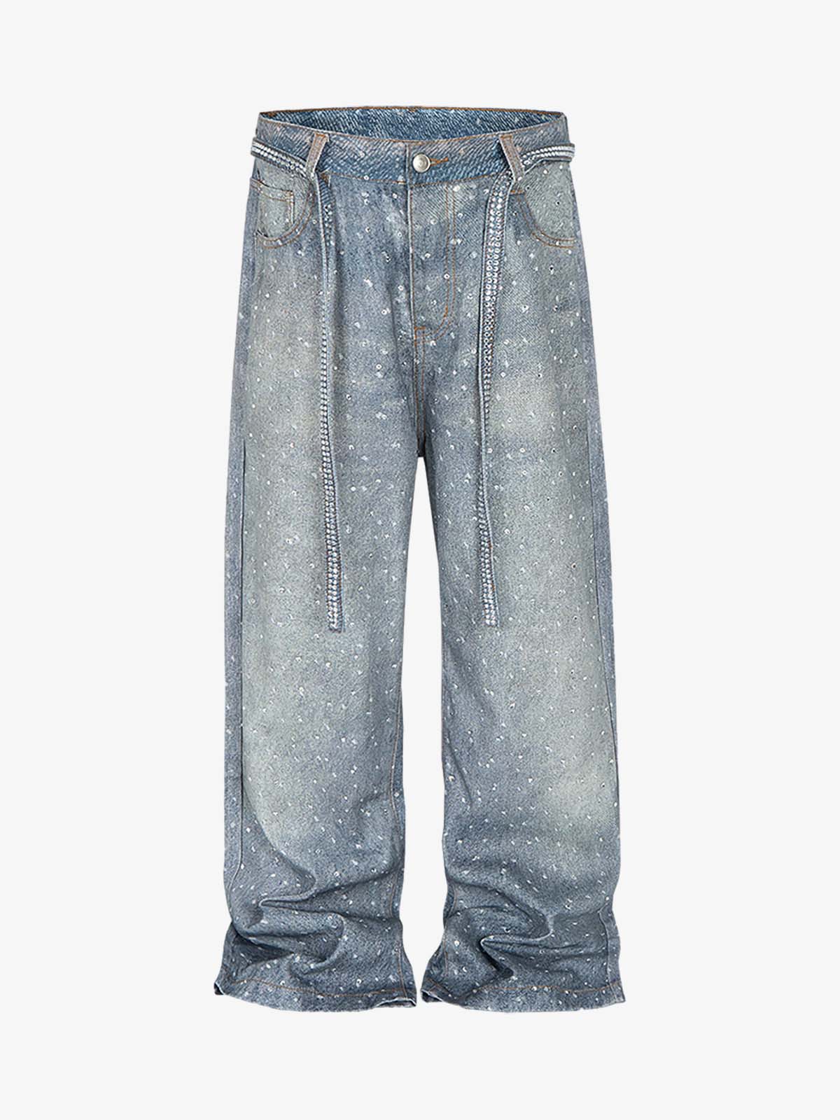 Distressed Diamond Decorated Belt Jeans