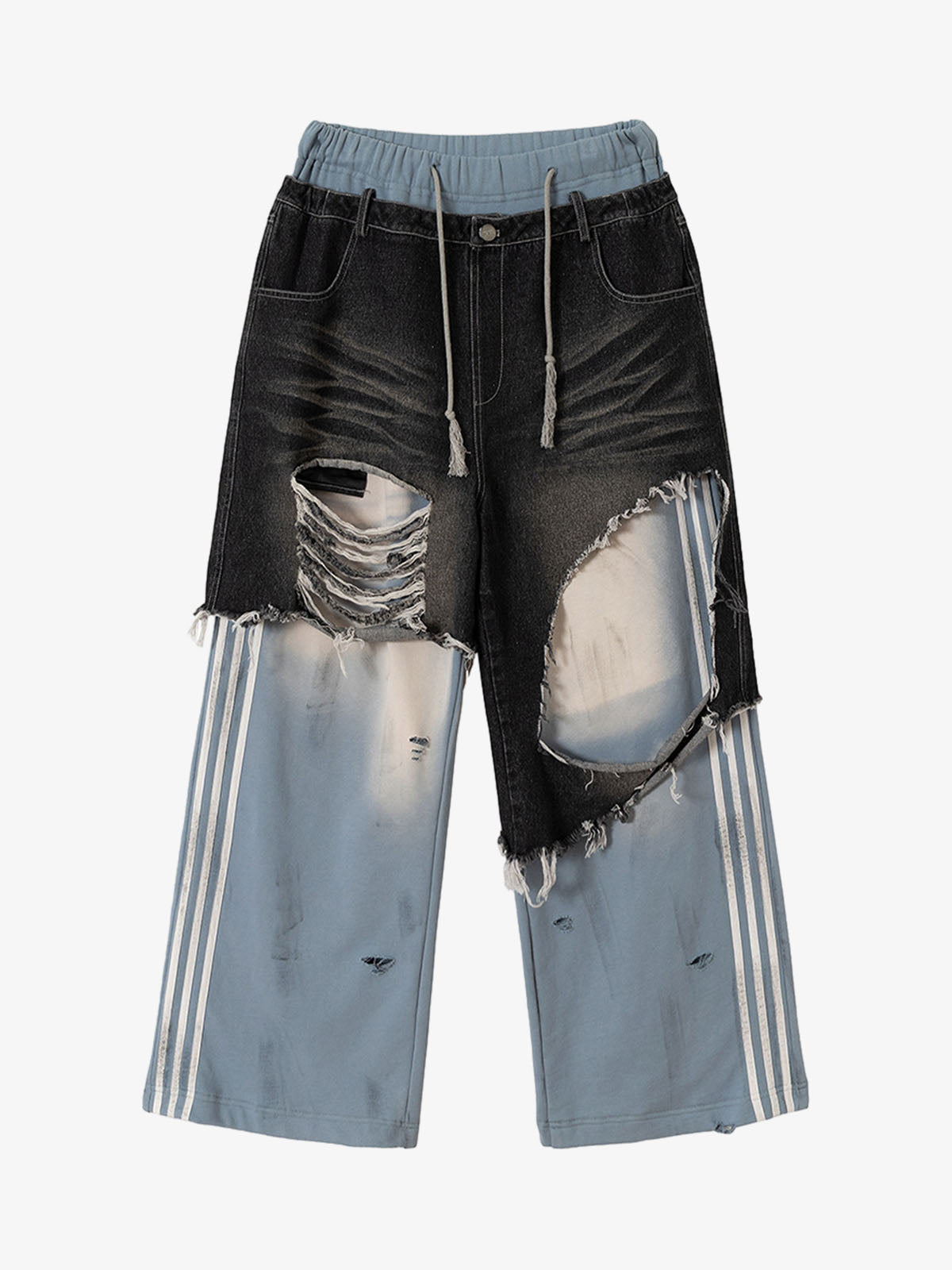 Thesupermade Double-waistband Denim Patchwork Ripped Casual Pants