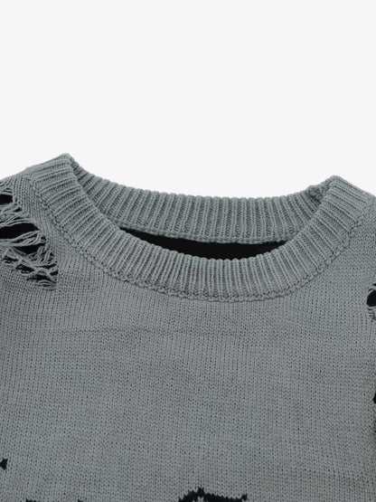 High Street Ripped Raw Edge Knitted Letter Jacquard Sweater