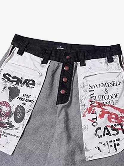 Stylish Wide-Leg Denim Trousers with Graphic Patches and Side Stripes