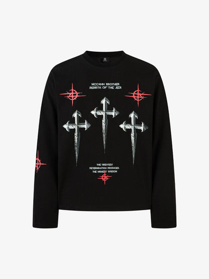Letter Print Waffle Cross Long-sleeved T-shirt