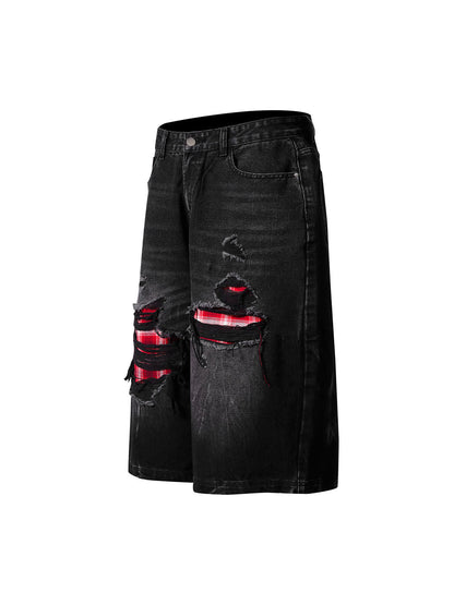 Retro Ripped Contrast Plaid Denim Shorts