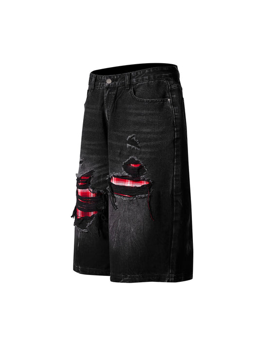 Retro Ripped Contrast Plaid Denim Shorts